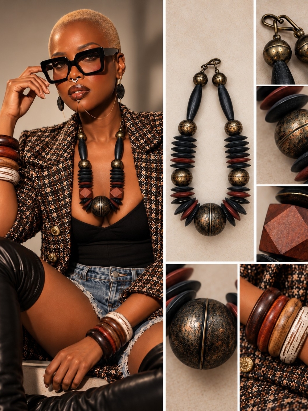 Statement Wooden Bead Necklace with Antique Gold Accents - Women Jewelry